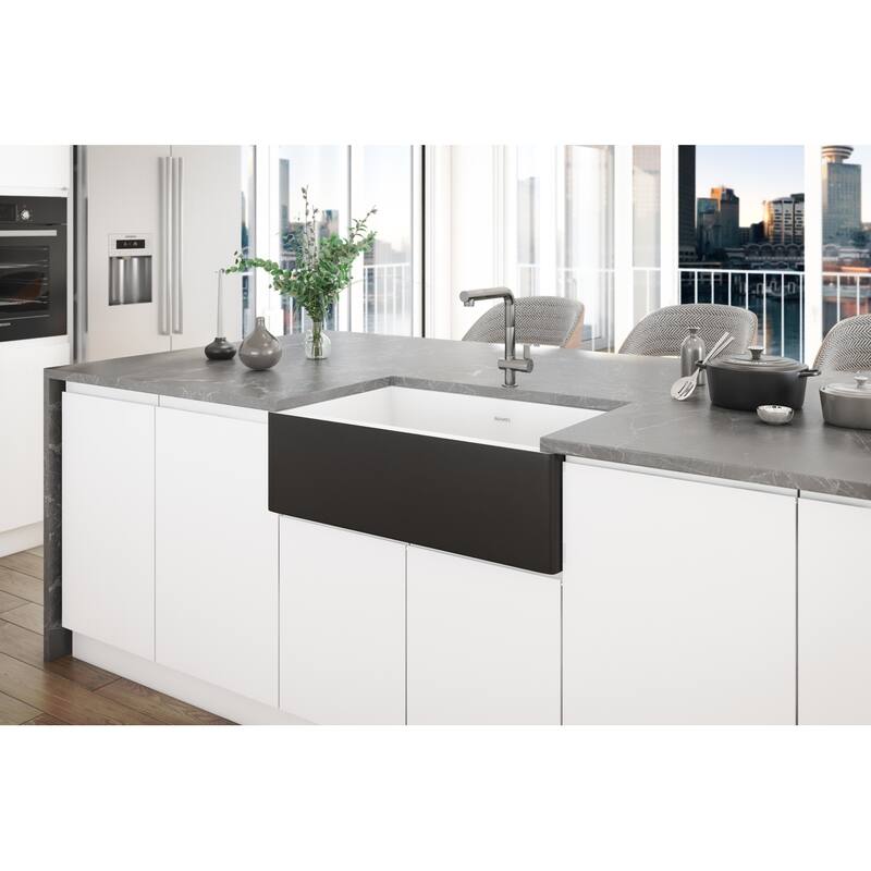 Ruvati 30-inch Fireclay Farmhouse Offset Drain Kitchen Sink Single Bowl Black and White Dual Color RVL4018RBW - 8' x 11'