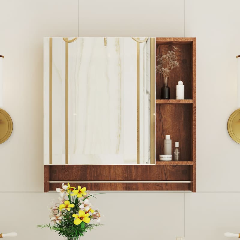 Bathroom Wall Mounted Mirror Cabinet Over The Toilet, Medicine Cabinet Storage Cabinet with Shelves and Towel Rack - Walnut