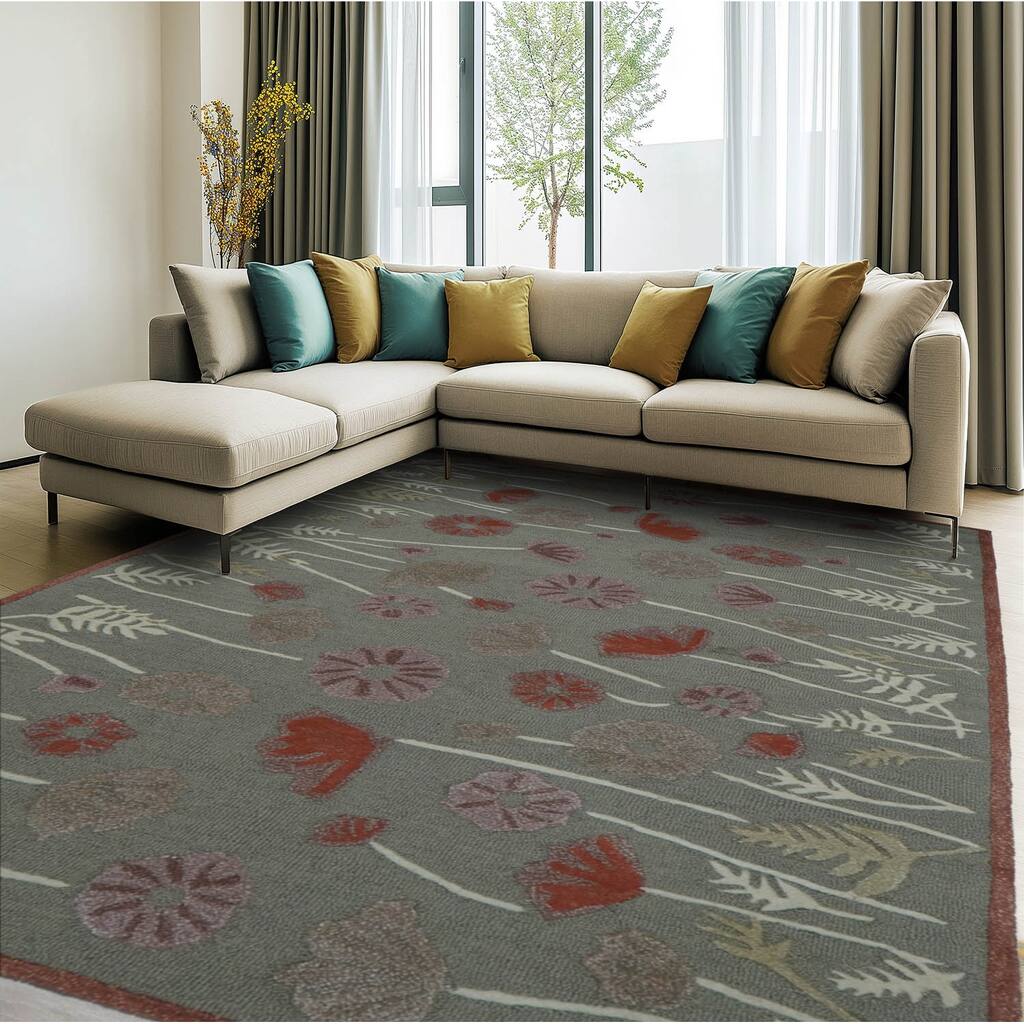 Hand-Tufted Multi Size Gray Hand Tufted Modern Floral Wool Wool Oriental Area Rug LoomBloom