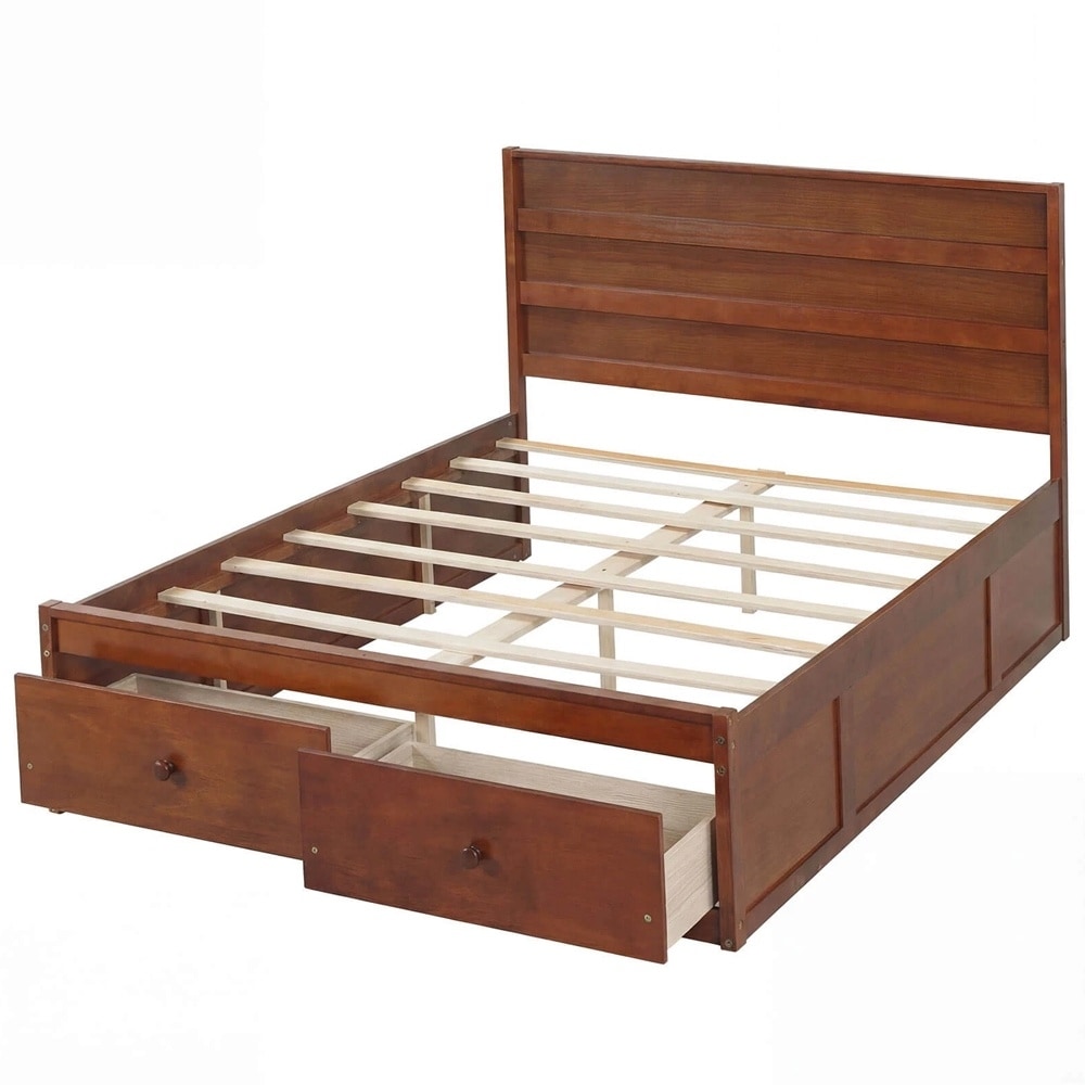 Full Bed Frame Storage Drawers Headboard, Wooden Slat Support Walnut