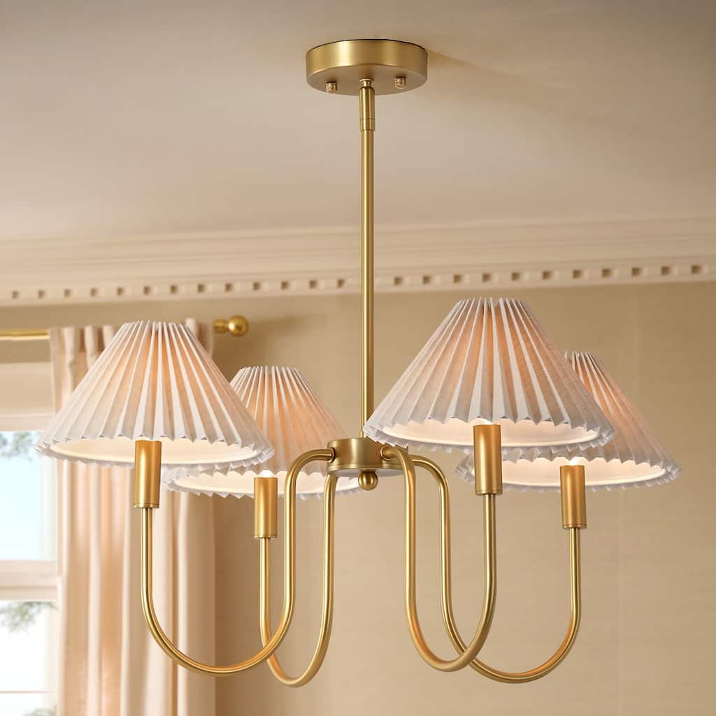 4-Light Mid-Century Modern Chandelier in Brushed Gold/Matte Black Chandelier with Pleated Shades for Living Room