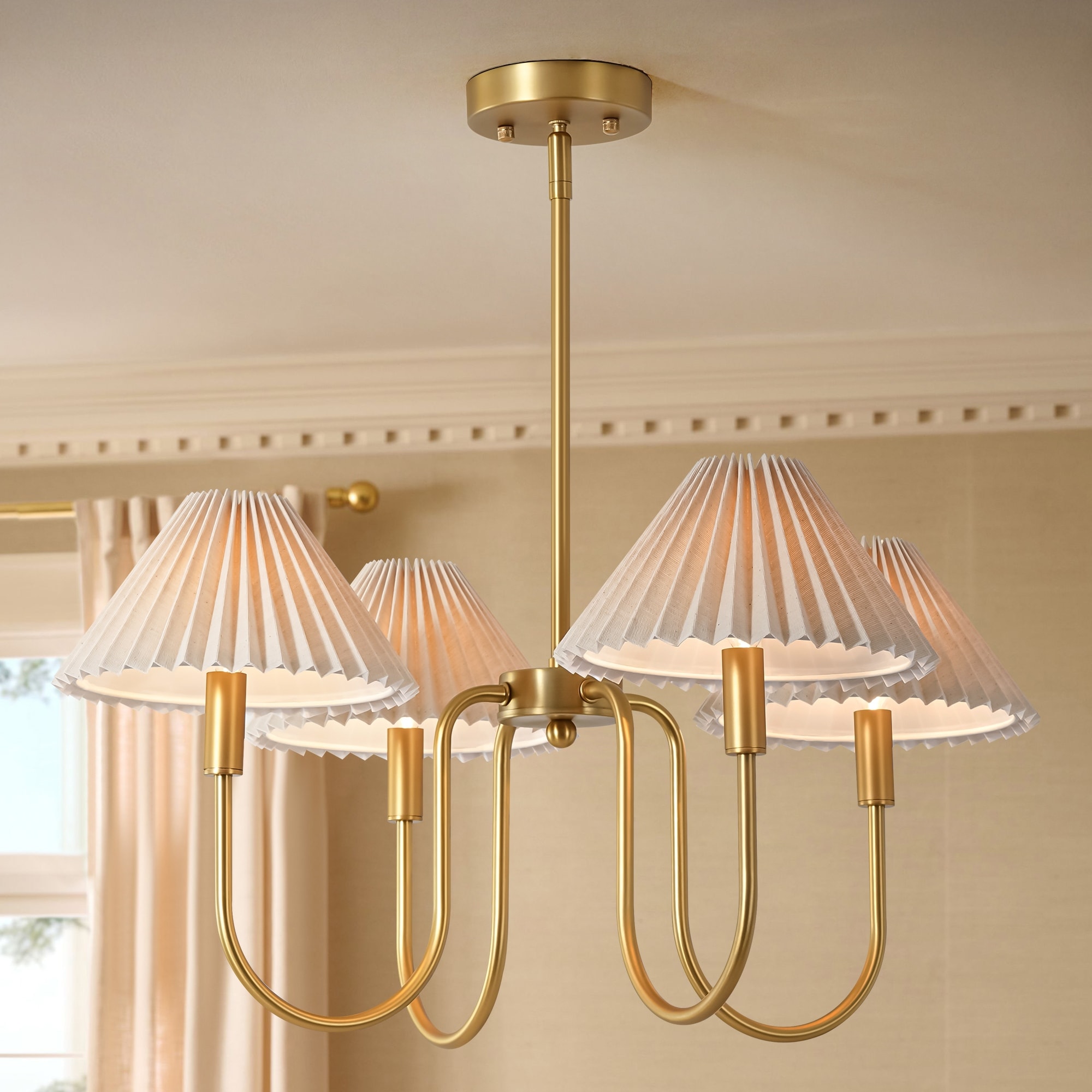 4-Light Mid-Century Modern Chandelier in Brushed Gold/Matte Black Chandelier with Pleated Shades for Living Room