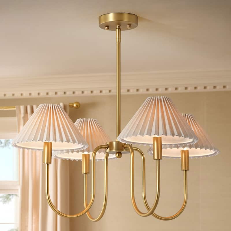 4-Light Mid-Century Modern Chandelier in Brushed Gold/Matte Black Chandelier with Pleated Shades for Living Room - Gold