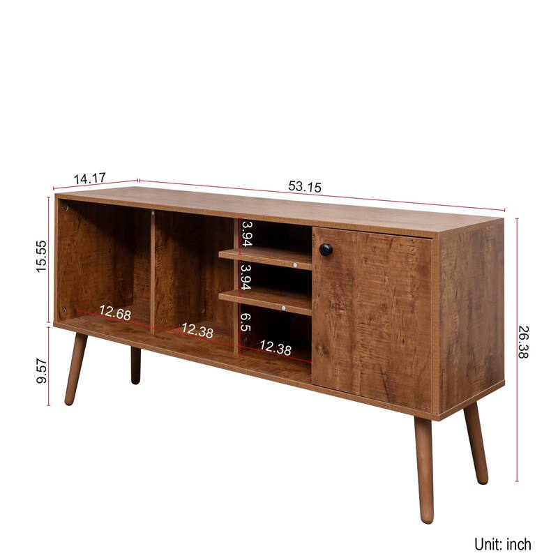 Modern TV Stand Stylish TV Stand with 1 Storage, 4 Solid Wood Legs, and 3 Shelves, for Living Room, Walnut Brown