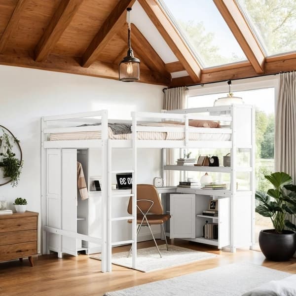 slide 2 of 10, Wood Loft Bed with Cabinet and Bookshelf, Full Size Loft with Wardrobe and Desk for Kids, White White