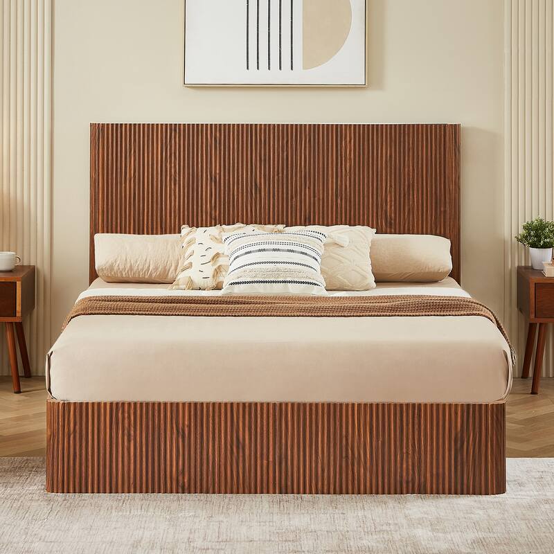 Queen-Sized Hydraulic Lift-Up Storage Bed Frame With Wooden Corrugated Curved Lines, No Box Spring Required‌ - Walnut