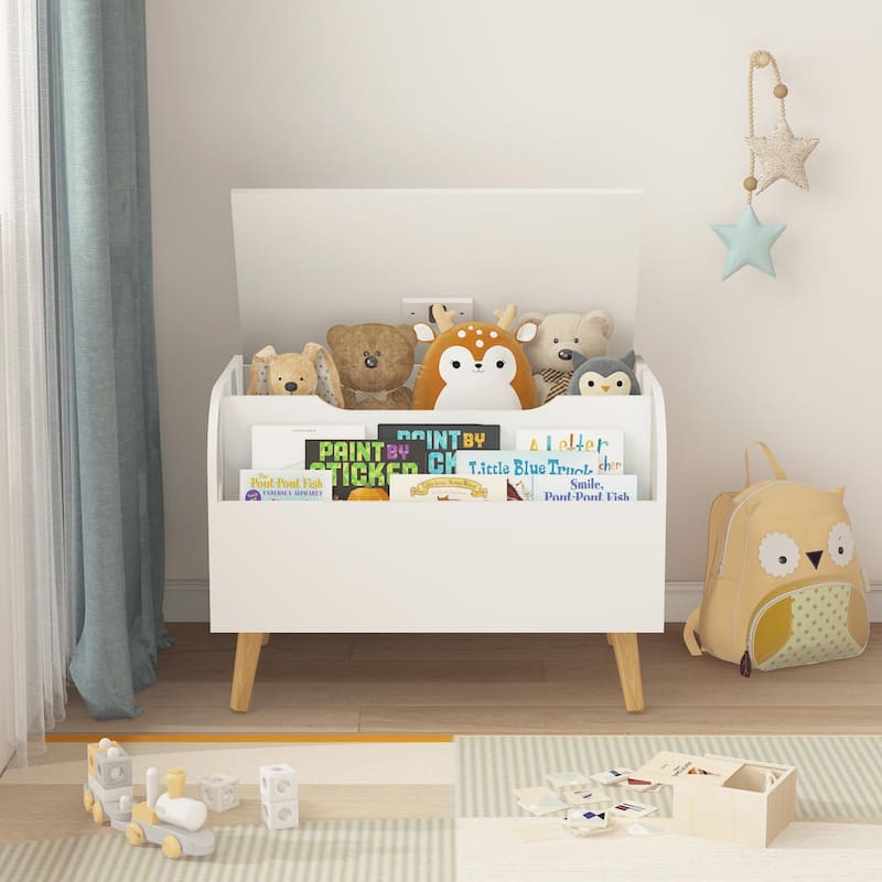 Wooden Toy Box, Kids Toy Storage Organizer with Front Bookshelf, Flip-Top Lid, Safety Hinge, Boys Girls Toy Chest Bench