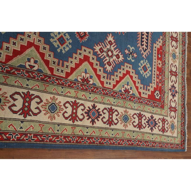 Blue Geometric Kazak Oriental Rug Handmade Traditional Wool Carpet - 6'8" x 10'1"