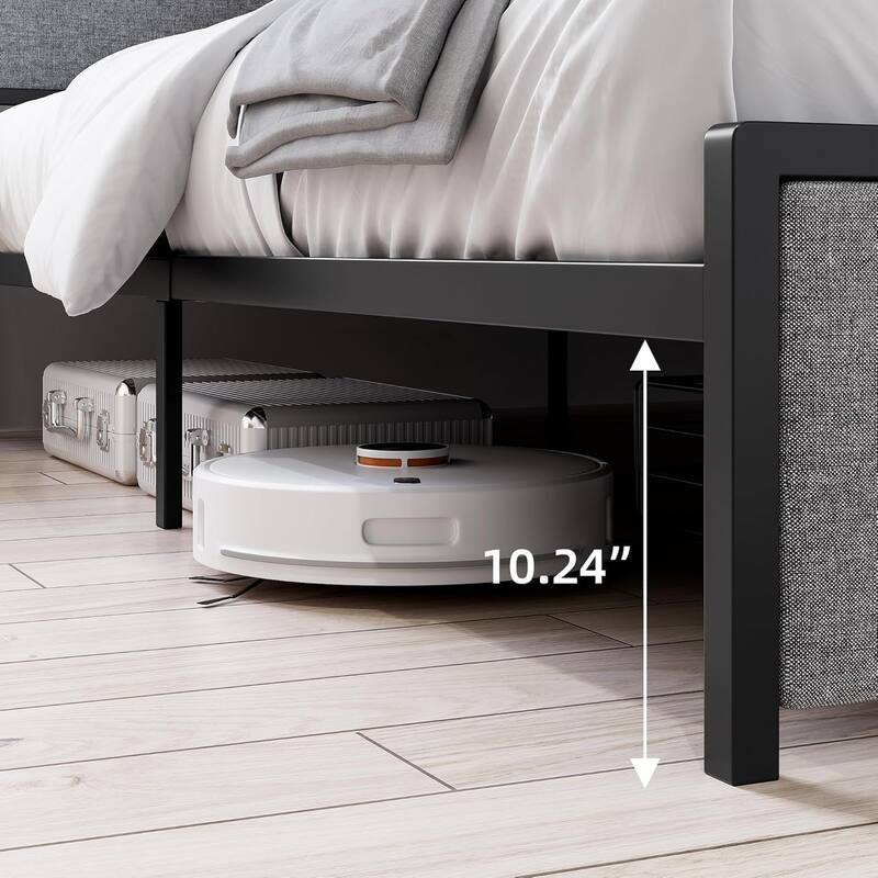 King Size Upholstered Platform Bed Frame with Storage Headboard, 2 Drawers & Charging Station, Dark Gray, Noise-Free