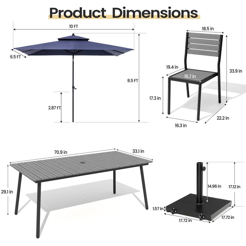 9PC Outdoor Patio Dining Set Wood-Like Aluminum Table with Stackable Chairs,Double Top Market Umbrella and Wheel Base
