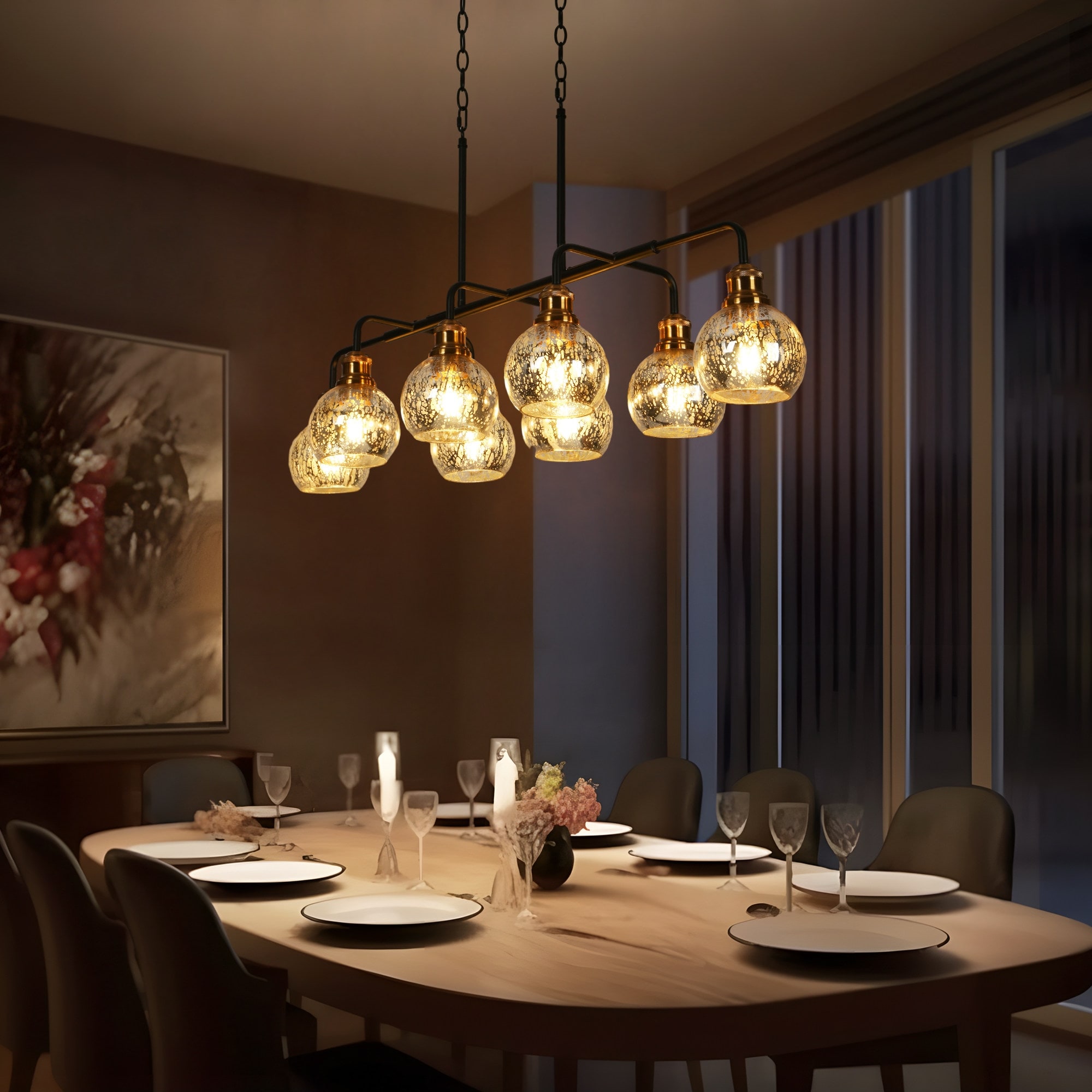 Modern Glam 40.5 inch 8 Light Black Gold Linear Transitional Island Chandelier with Art Mercury Glass Fo Dining Room