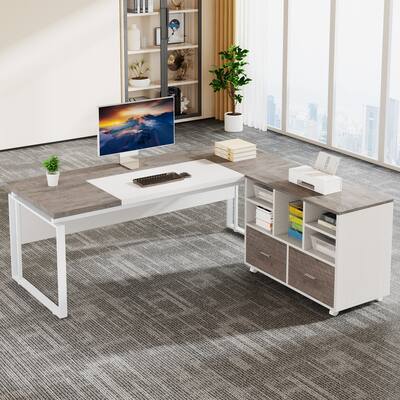 63" L-Shaped Executive Desk with Reversible File Cabinet Office Desk with Storage Drawers