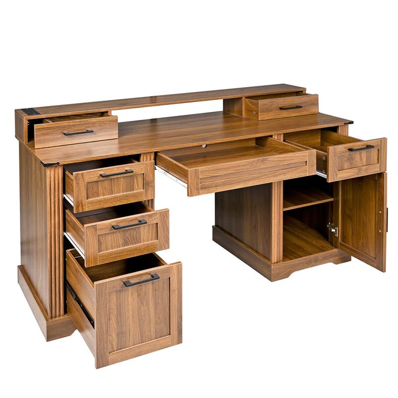 59" Farmhouse Office Desk with Charging Station, Barn Door, File Drawer & Monitor Stand