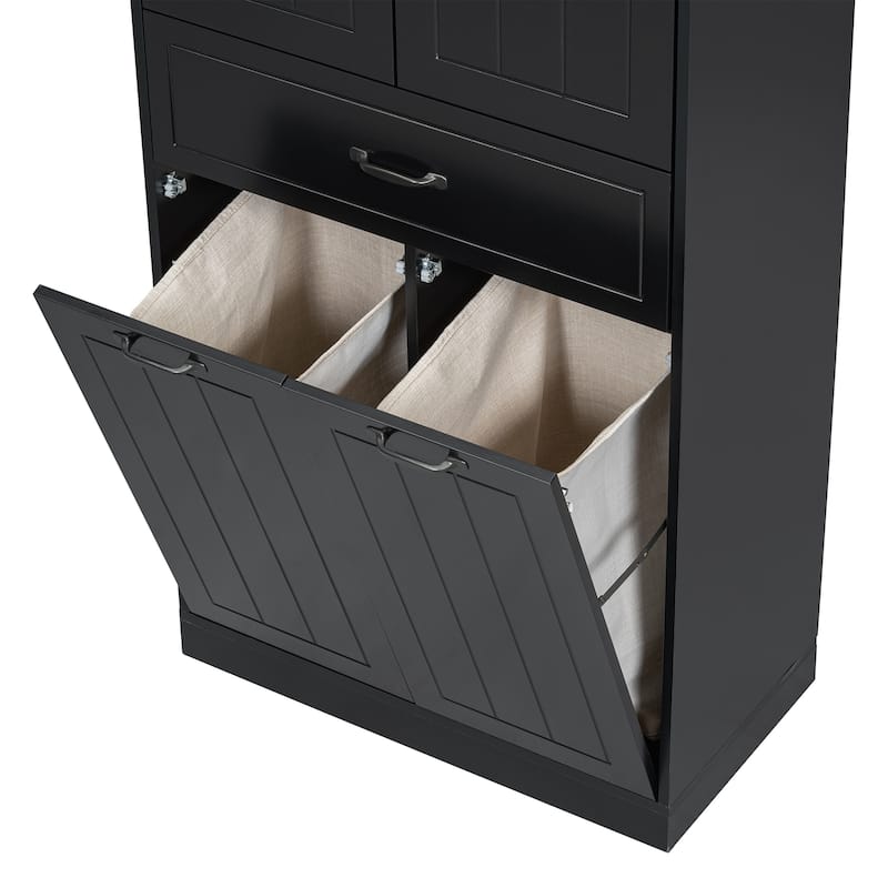 Roomfitters Bathroom Storage Cabinet with Double Laundry Hampers, Doors and Drawer Organizer