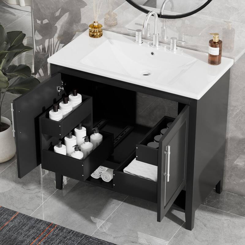 36" Black Bathroom Vanity with Ceramic Sink, Solid Wood & MDF Cabinet, Two Drawers, Doors & Open Shelf for Storage - 36 in W Solid Wood+MDF - Black