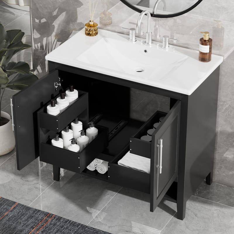 Bathroom Vanity with Sink, Bathroom Storage Cabinet with Doors and Drawers, Solid Wood Bathroom Cabinet with Shelf - Black