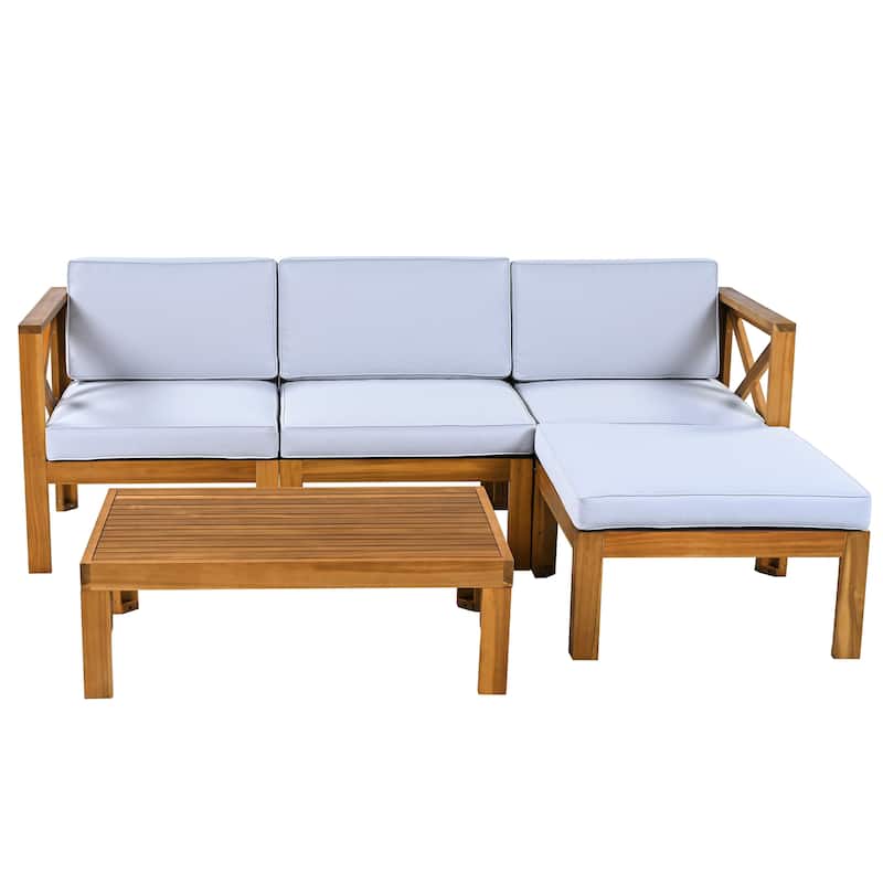 5 Piece Outdoor Patio Furniture Set, All Weather Outdoor Conversation Set, Wooden Sectional Sofa Set with Coffee Table