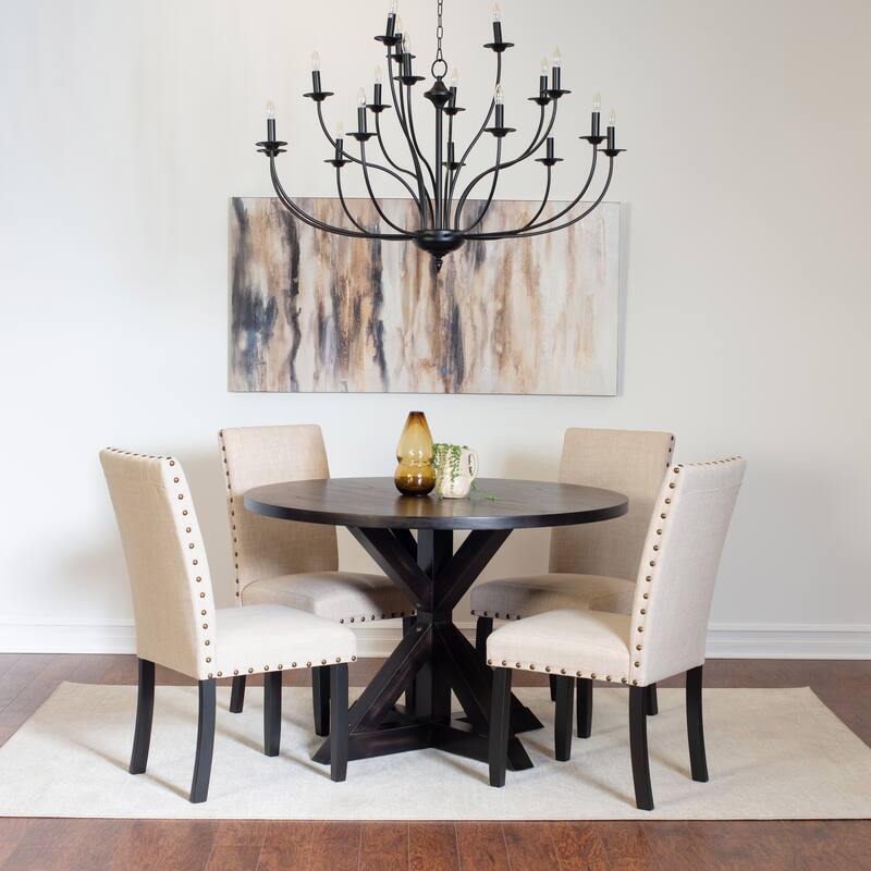 Modern 5-Piece Dining Set with Round Cross Base Table & 4 Chairs - Black+Beige Linen