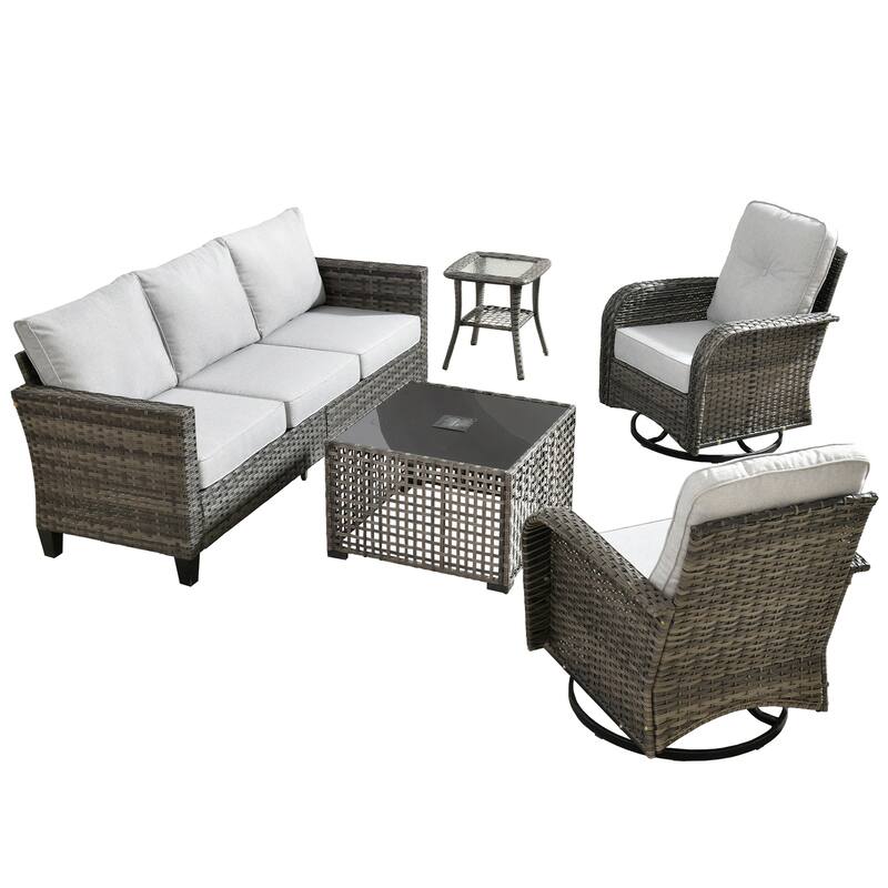 HOOOWOOO 5-piece Outdoor Swivel Chair Set Patio Conversation Set with Solar-powered Table