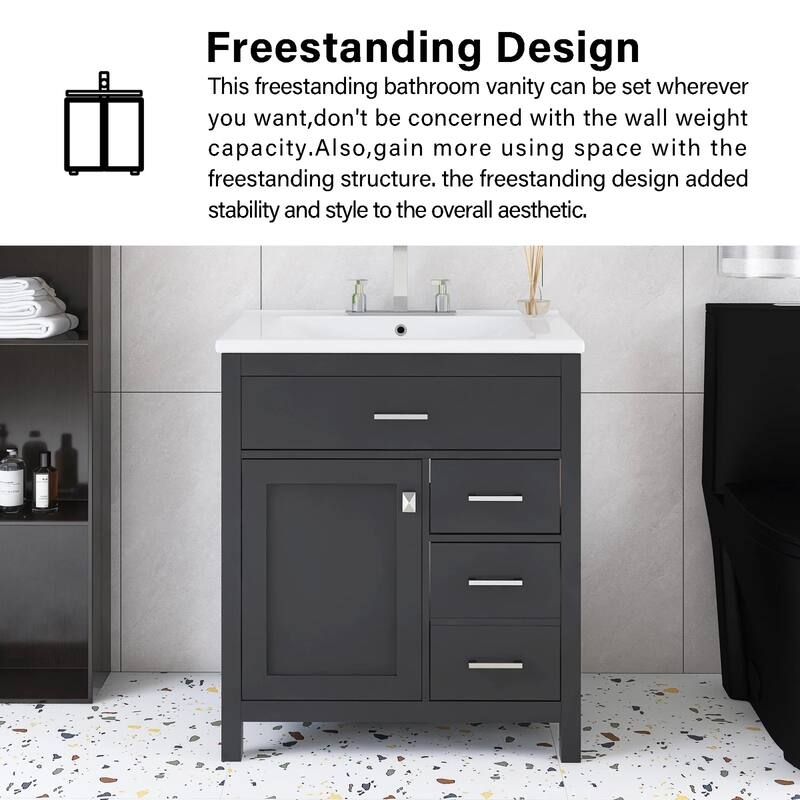 30 in. W x 18 in. D x 34 in. H Single Sink Freestanding Bath Vanity with White Ceramic Top