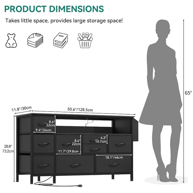 Moasis 50"W 9-drawer Fabric Dresser, Media Console, TV Stand with Outlets, RGB Lights