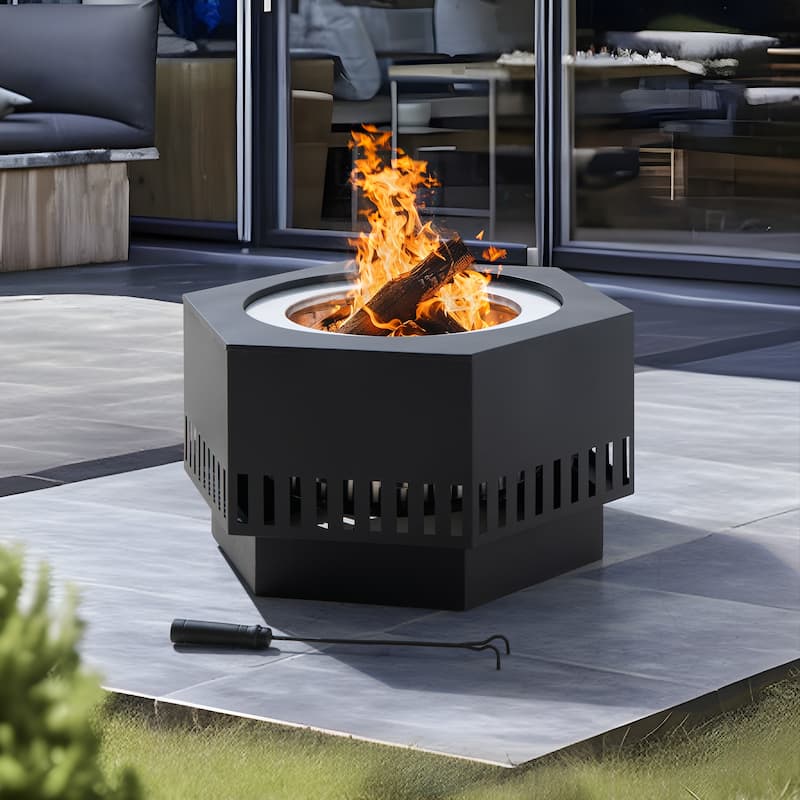 Sunjoy 28 In Smokeless Fire Pit Wood Burning Fireplace with Removable Ash Pan and Fire Poker - N/A