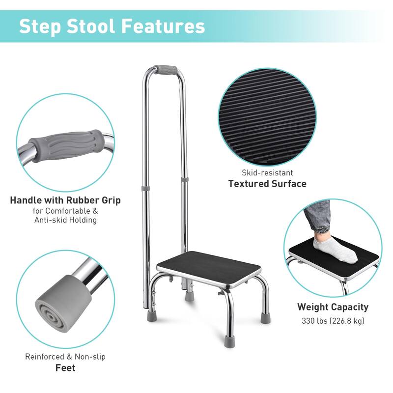 Medical Step Stool NonSkid Steel Footstool with Handle Support for Seniors Kids On