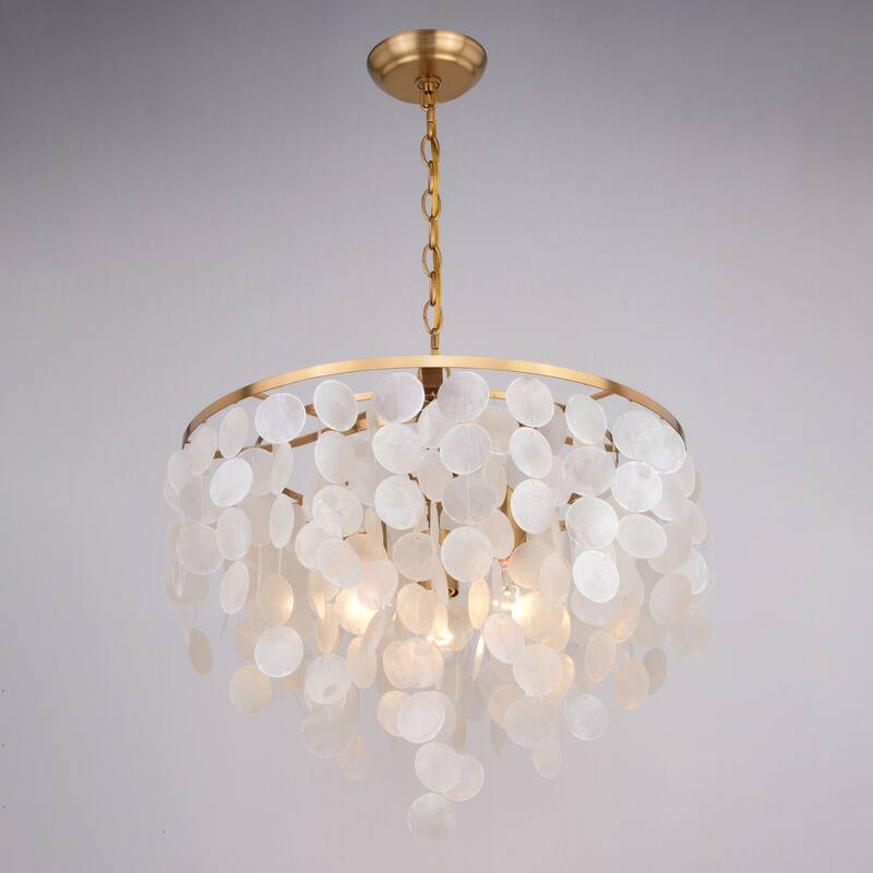 Elsa 3 Light Gold Brass Modern Coastal Glam Pendant Fixture with Capiz Shells - 19.75-in W x 18.5-in H x 19.75-in D
