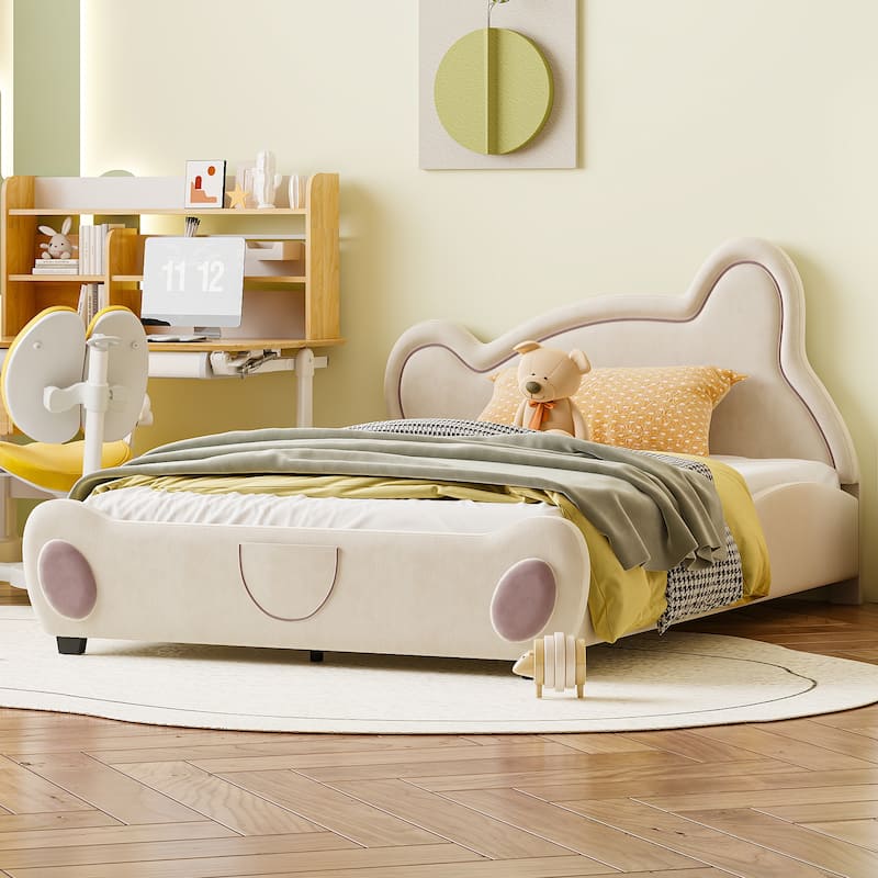 Adorable Bear-Shaped Full Platform Bed with Storage and Velvet Finish