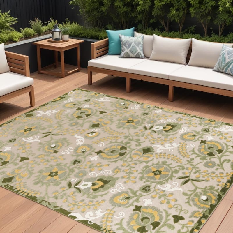 HomeRoots Floral Contemporary Rectangle Outdoor Rug - 12' X 15' - Green/Yellow/Ivory - 12' X 15'