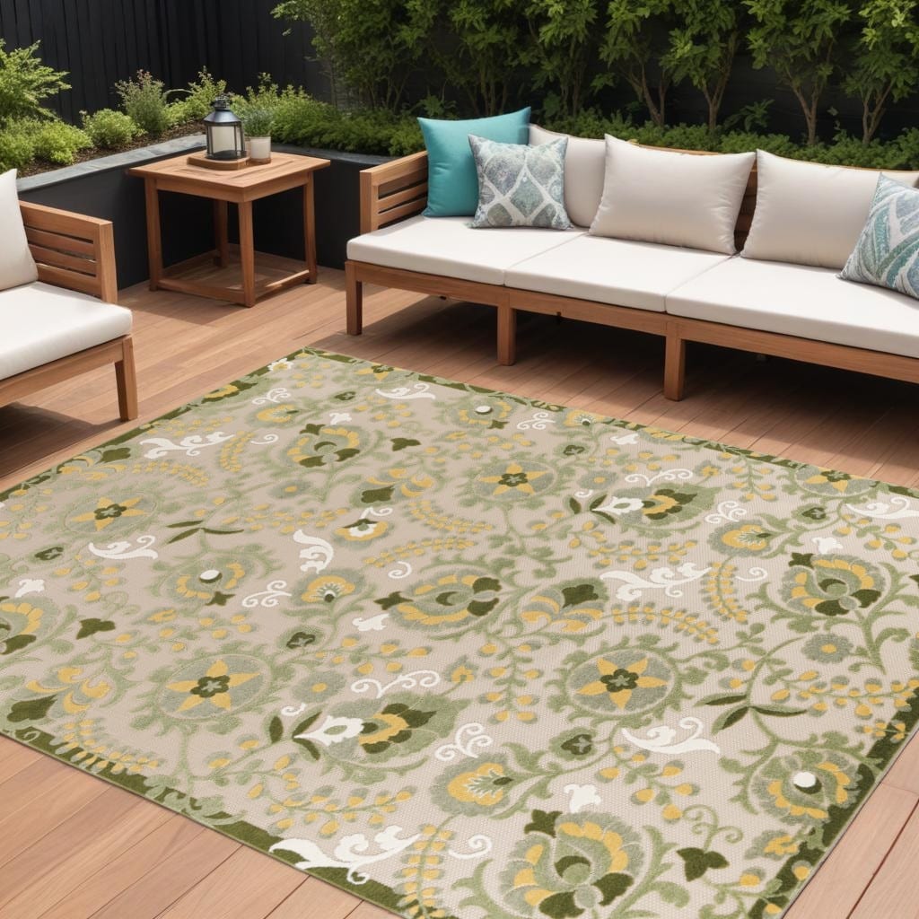 HomeRoots Floral Contemporary Rectangle Outdoor Rug - 12' X 15'