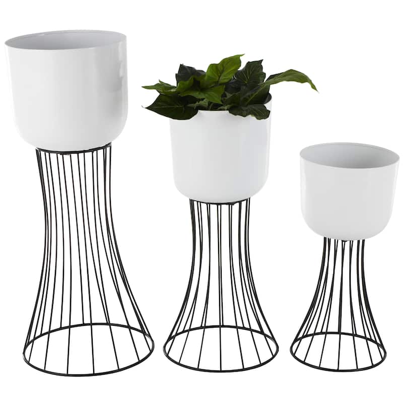 Metal Indoor Outdoor Planter with Black Hourglass Stands - Set of 3 White - Roche River Decor - White