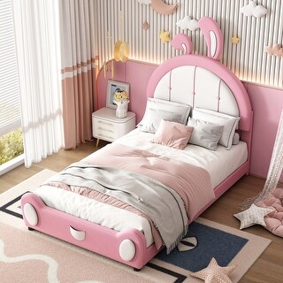 Twin Size Upholstered Platform Bed with Rabbit Shaped Headboard, Pine Wooden Bed with Support Slat for Bedroom, Pink
