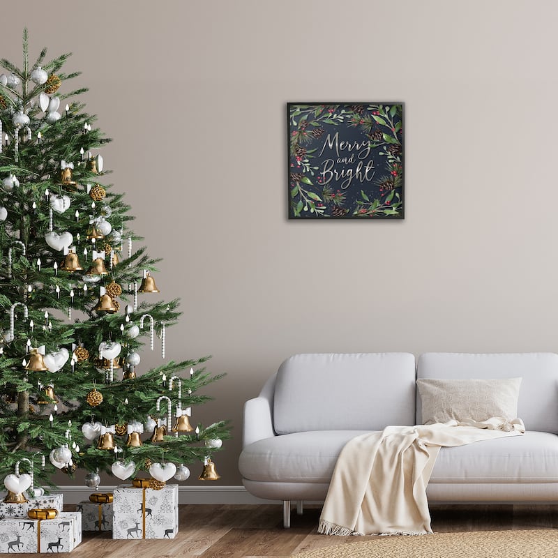 Stupell Merry & Bright with Holly Leaves Framed Giclee Art Design By Elizabeth Tyndall