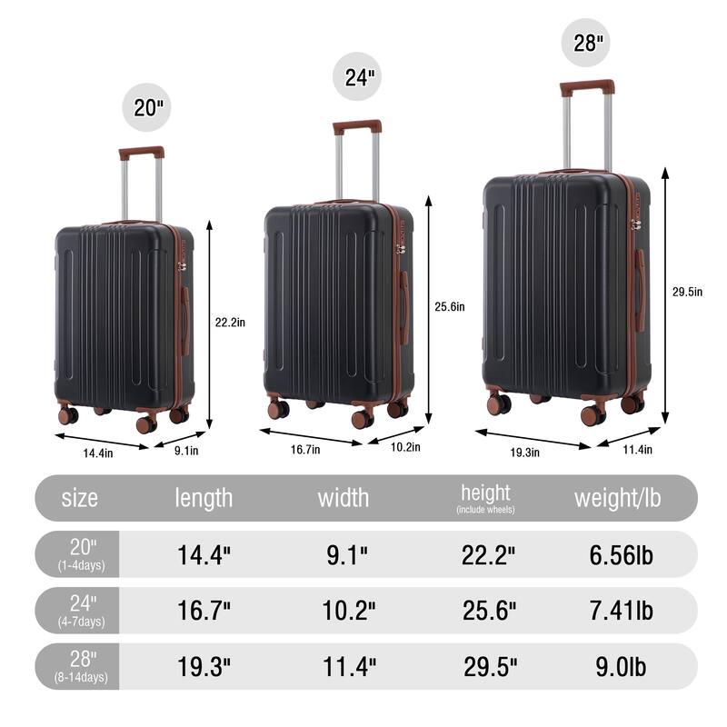 20"/24"/28" 3 pcs/set in ABS Spinner Wheel Luggage, Carry on Suitcase, Matching Color, TSA Combination Lock - Black Brown