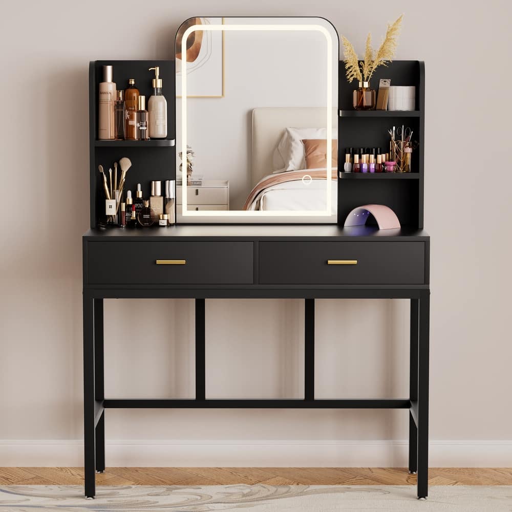 Vanity Table with LED Mirror, Kid's Makeup Vanity Desk with 2 Storage Drawers