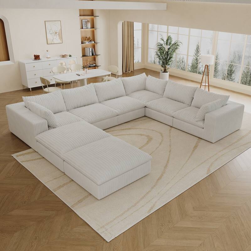 157.6" White Corduroy Fabric Cloud Sofa: Deep Seat, Double-layer, Removable Cushion, No Assembly, DIY Combo - Multi-Color