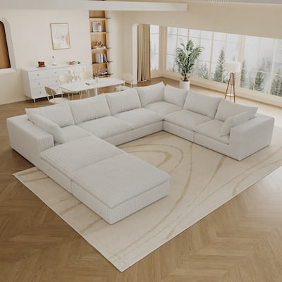 157.6" White Corduroy Fabric Cloud Sofa: Deep Seat, Double-layer, Removable Cushion, No Assembly, DIY Combo