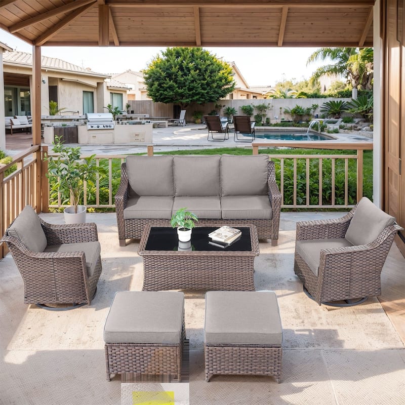 Pocassy All-Weather Rattan Patio Funiture Set - Brown Wicker / Grey Cushion - 6-Piece Sofa Swivel Chair with Ottoman