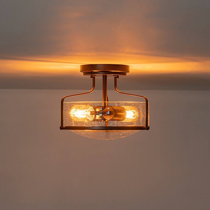 Farmhouse 2-Light Clear Seeded Glass Semi-Flush Mount Ceiling Light - N/A