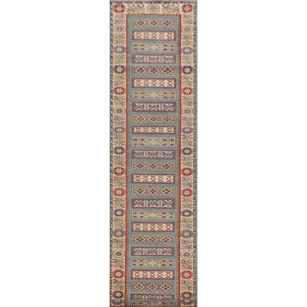 Light Blue Traditional Kazak Runner Rug Hand-Knotted Wool Carpet - 3'1" x 16'5"