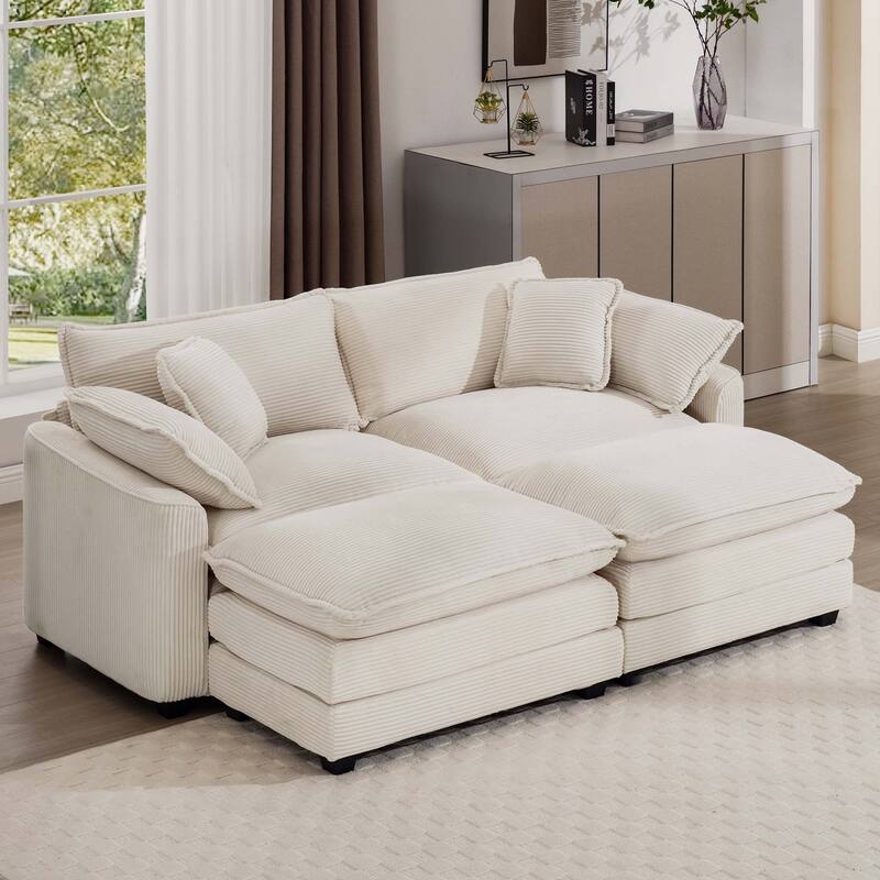 GDFStudio - Fiber Corduroy 2 Seater Sofa with Dual Ottomans Set - Beige