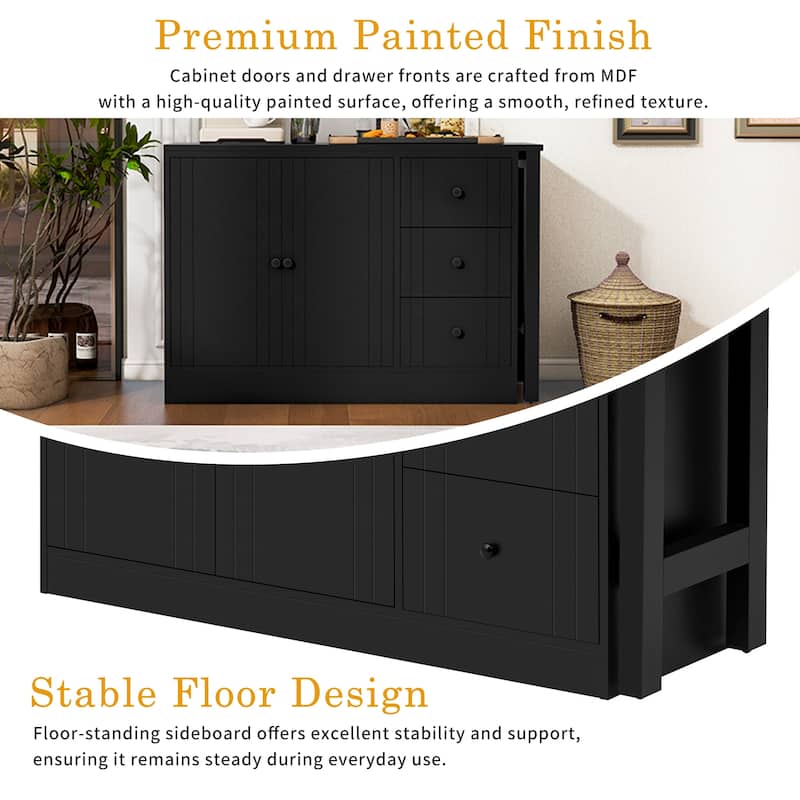 89.7" Wooden Sideboard Buffet Cabinet with Extendable Table, 2 Doors, 3 Drawers, Adjustable Shelf for Kitchen or Living Room