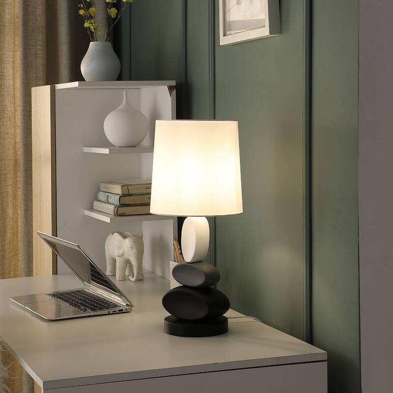 19" Contemporary Metal Table Lamp with White Fabric Drum Shade and Geometric Stack Design for Bedroom - 19”H x 8.5”W x 8.5”D