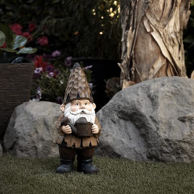 Alpine Corporation 16"H Indoor/Outdoor Garden Gnome with Watering Can Statue, Brown