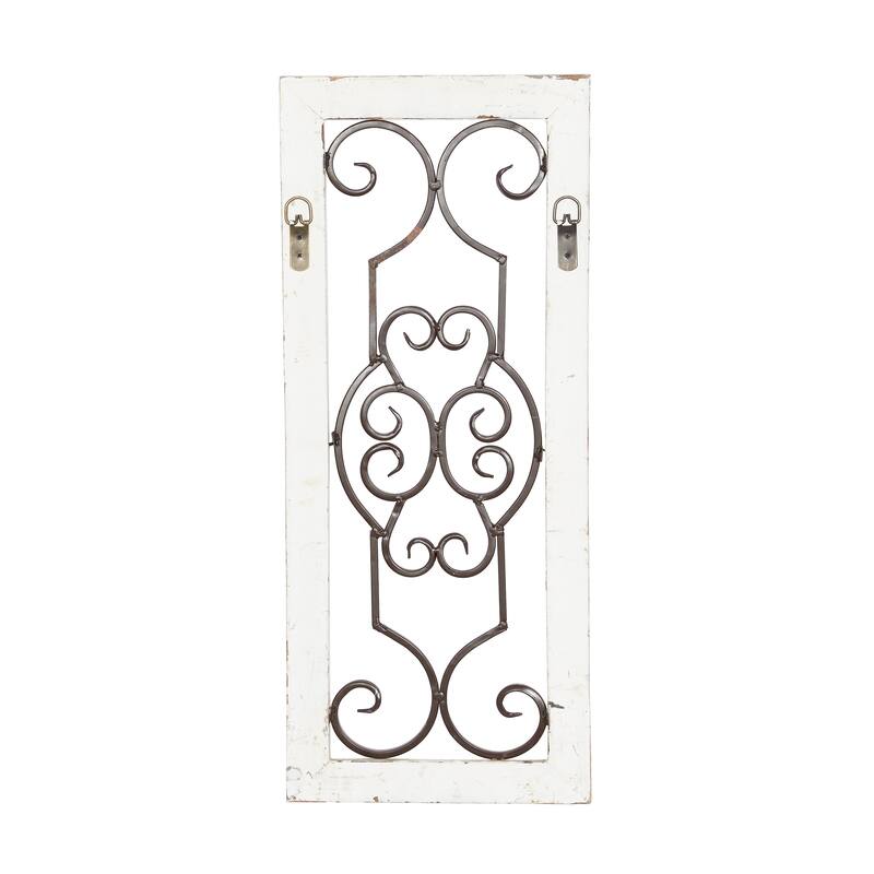 White Wood Small Panel Scroll Home Wall Decor with Black Metal Scrollwork