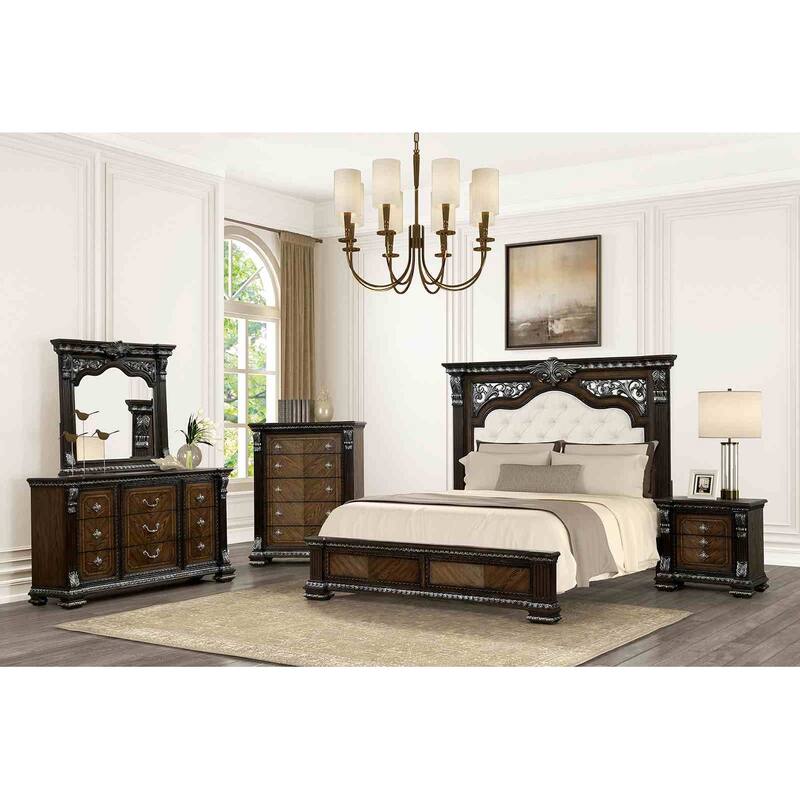 Espresso Finish Traditional Bedroom Furniture Set with USB Nightstand Tufted Headboard