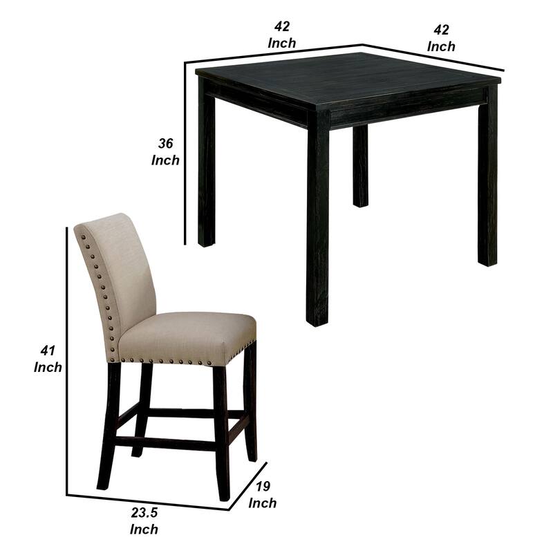 5 Piece Wooden Counter Height Table Set In Antique Black And Beige