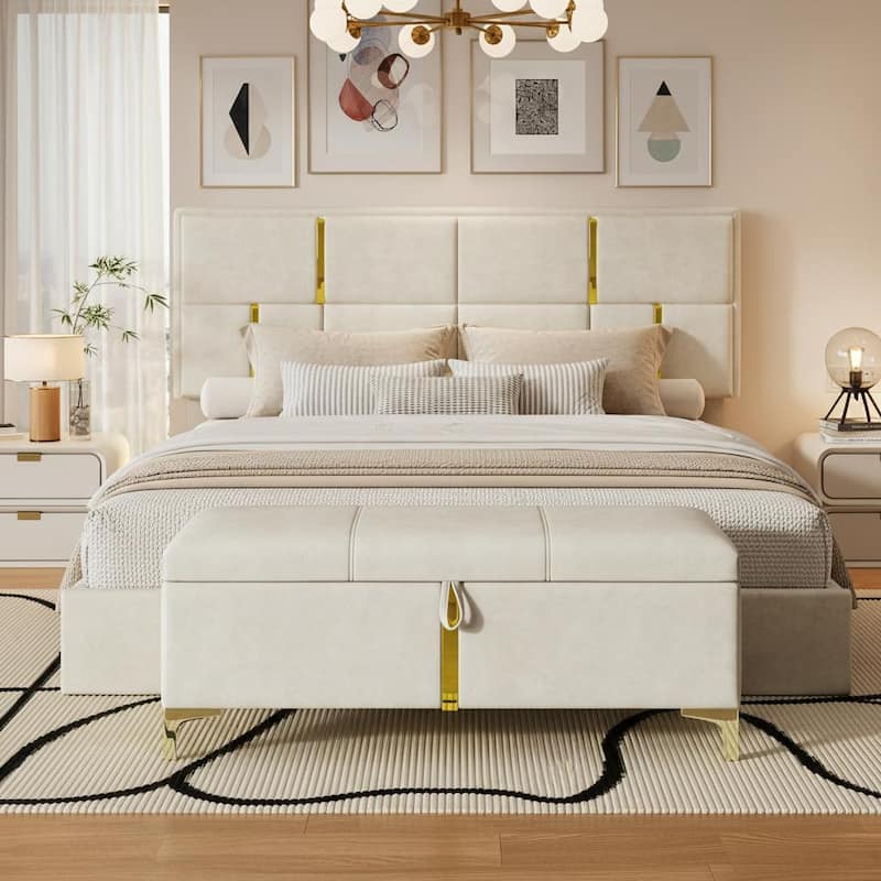 Modern Elegance 2-Piece Bedroom Set with Lift-Up Storage Platform Bed and Gold-Leg Ottoman by Harper&Bright Designs