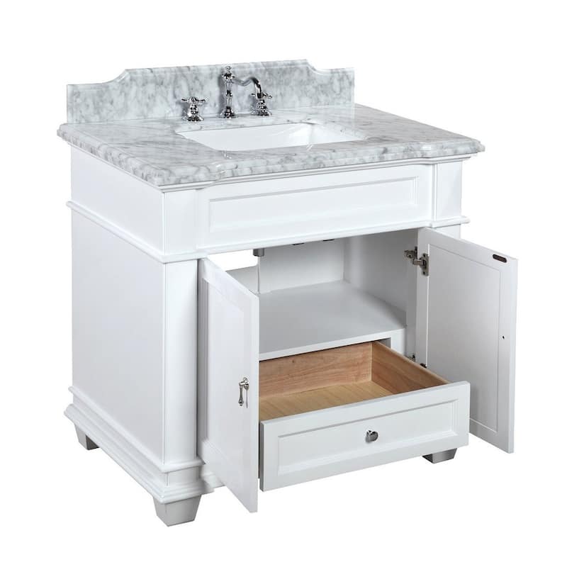 KitchenBathCollection Elizabeth 36" Bathroom Vanity with Carrara Marble Top - White